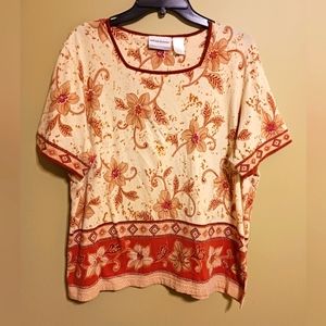 Alfred Dunner Women’s Size Petite PXL Short Sleeve Burgundy Cream Floral Top